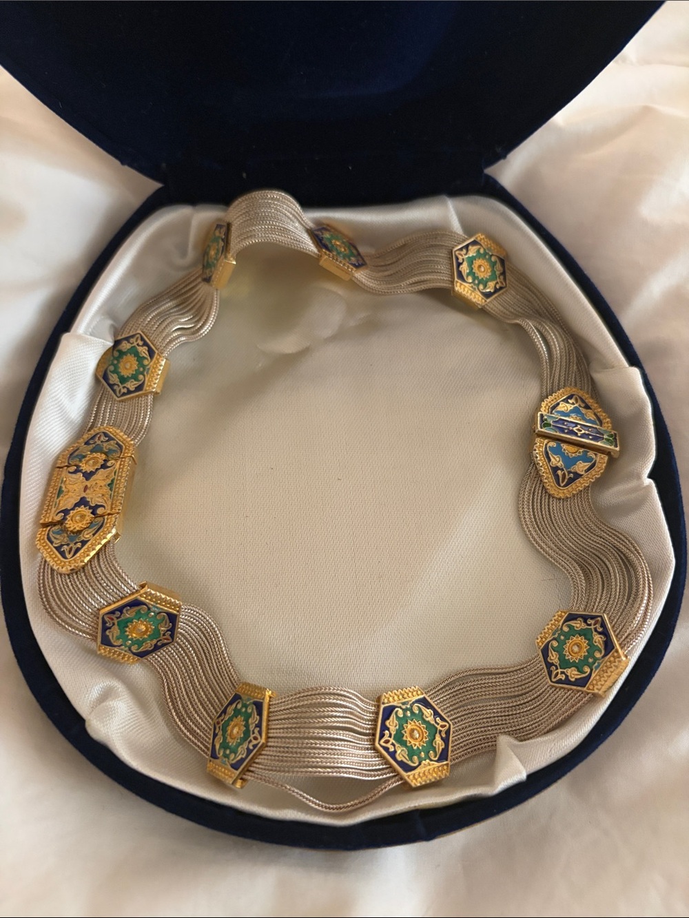 Vintage AYGÜL 925 Sterling Silver Turkish Multi Strand Enamel Necklace 121g